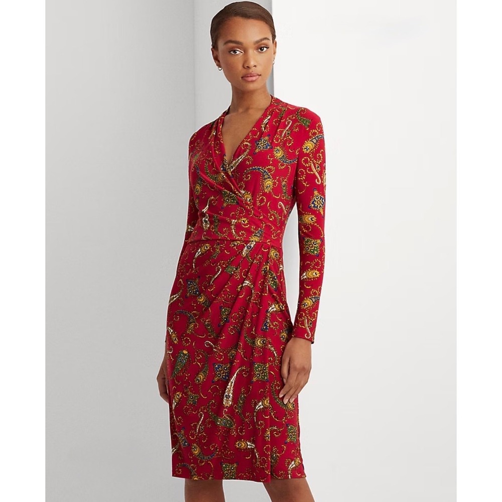 Lauren Ralph Lauren Paisley Sheath Dress Womens 4 Red Long Sleeve Faux Wrap